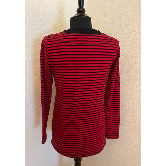 Liz Claiborne Weekend - Red and Black Striped Long Sleeve V Neck Top -Sz S - Picture 4 of 8